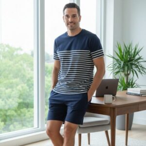 Pijama corto hombre Bruma marino con detalles a rayas PV 2026